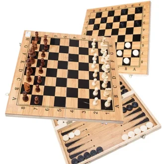 48 cm koka spēļu komplekts 3in1, dambrete, šahs, bekgemons (nardi)