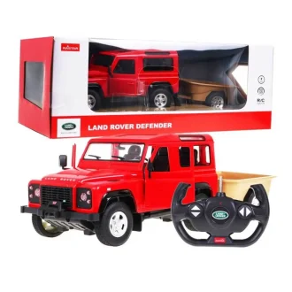 Rastar 78400-1 radiovadāmais Land Rover Defender modelis sarkanā krāsā ar komplektā piekabi
