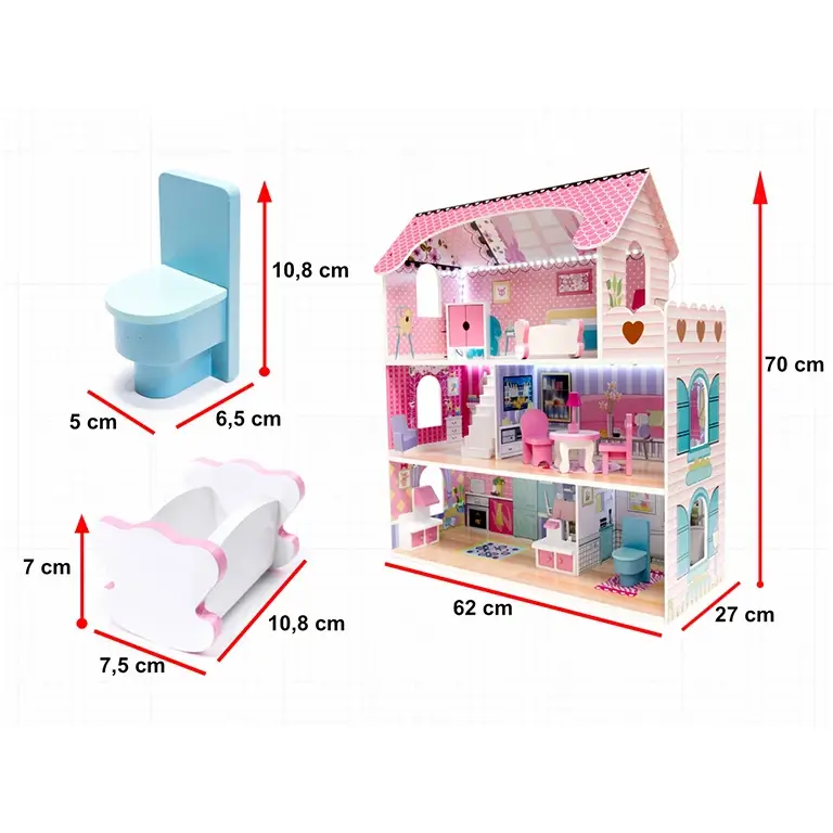 Leļļu koka māja ar LED apgaismojumu 70 cm