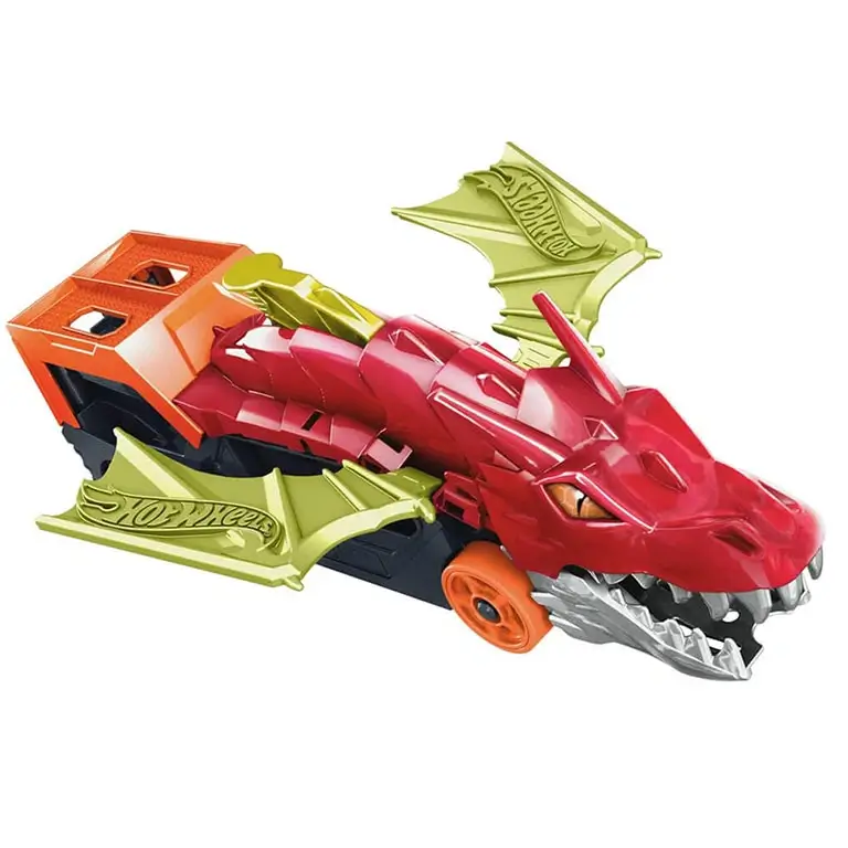 Hot Wheels City pūķa izskata rotaļu vilcējs-palaidējs ar atlokāmiem spārniem un mazu mašīnīti