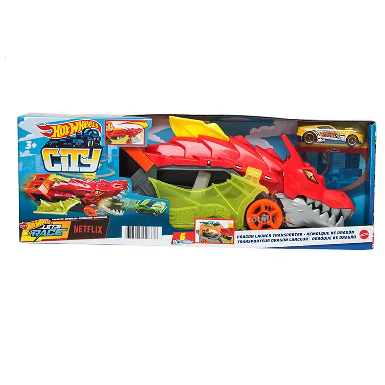 Hot Wheels City Dragon Launch Transporter GTK42 rotaļu mašīnu autotransportētājs iepakojumā.