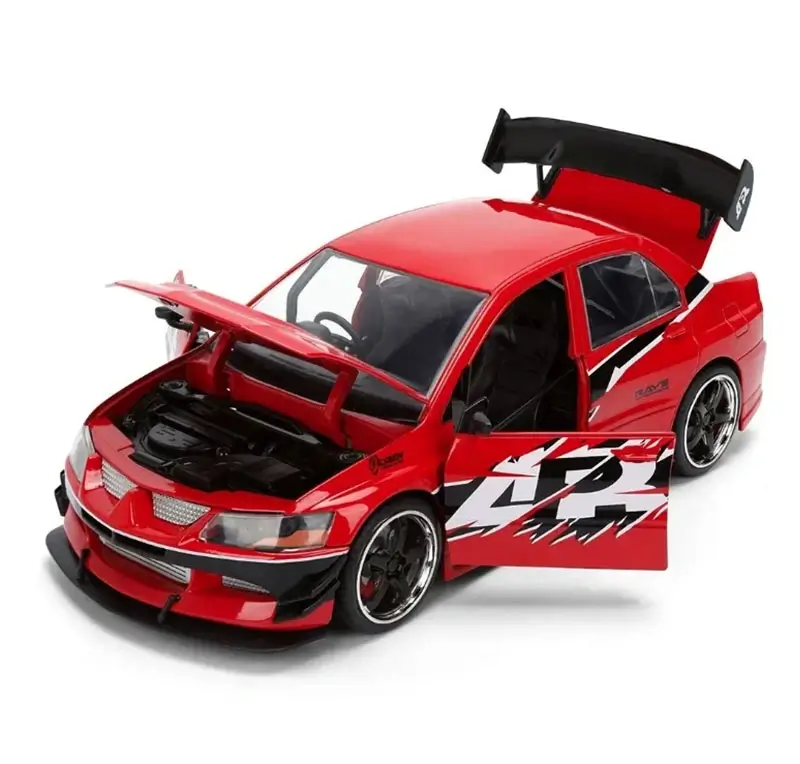 Sarkana Mitsubishi Lancer Evo IX kolekcijas mašīna ar Tokijas drifts filmas dizainu, skats no priekšpuses