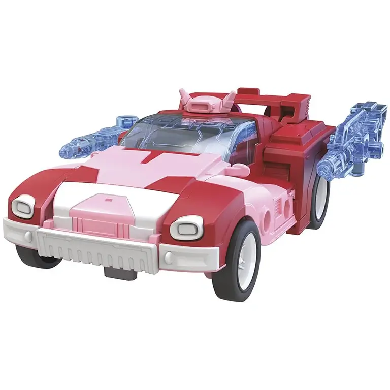 Transformers Elita-1 robots, kas transformēts par rozā un baltu Kibertronijas mašīnu